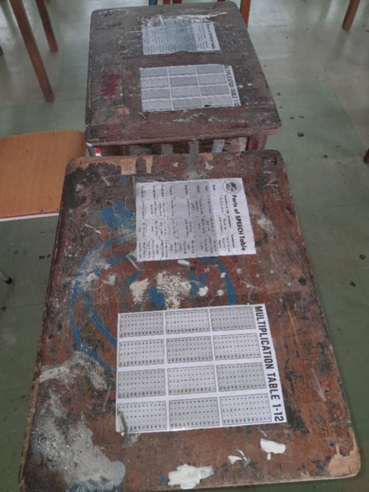school tables with paint stains