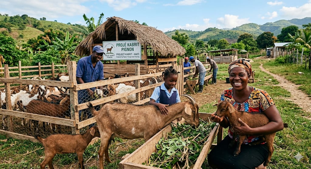 people smiling with goats around a fence