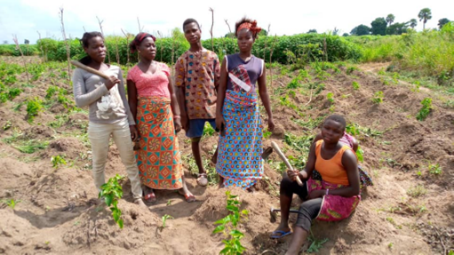 Five people standing in a field.